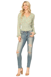 Sage V Neck Long Sleeve Smocked Ruffle Waist Printed Top - Pack of 6